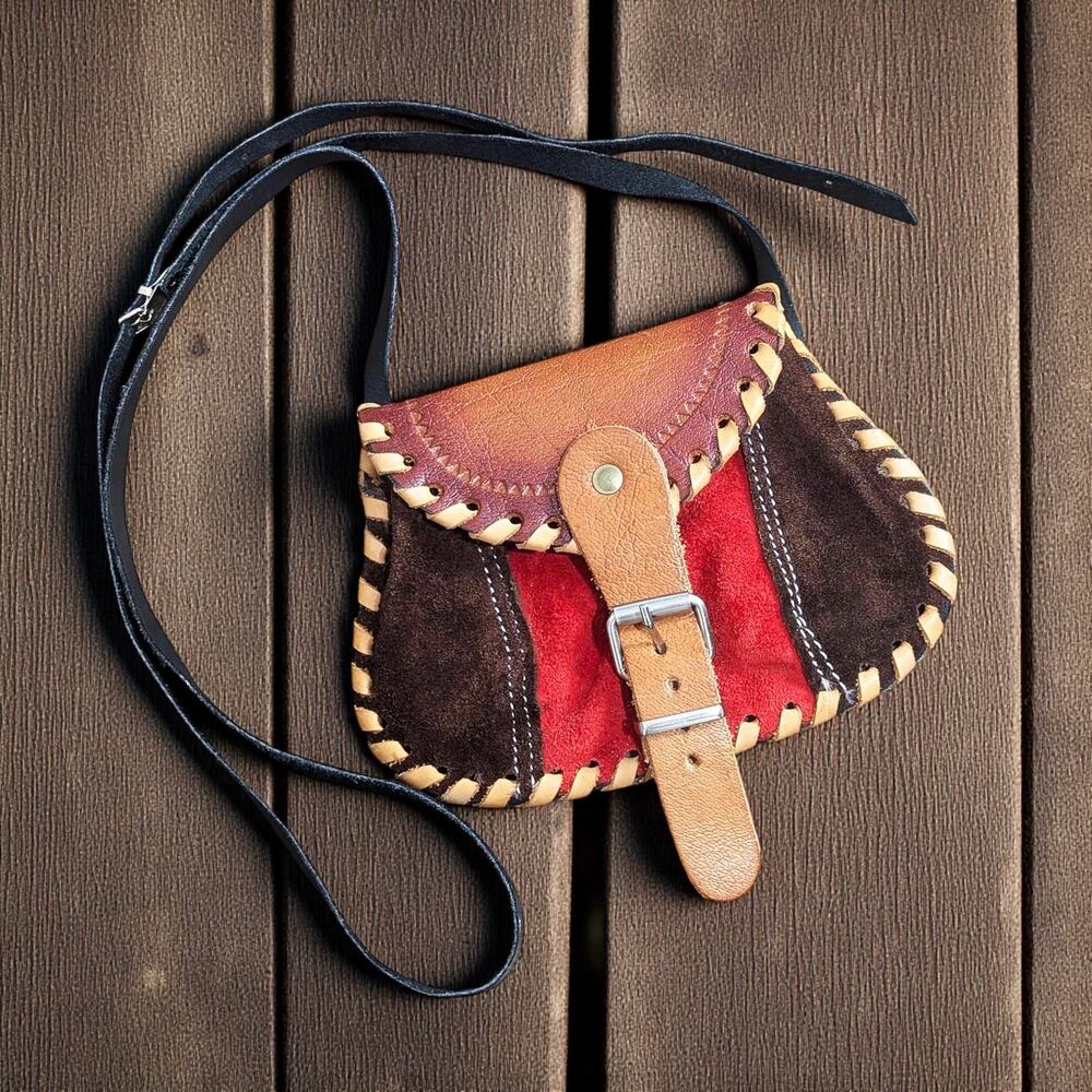 Vintage Red Brown Suede Mini Crossbody Bag with Tan Leather Trim
